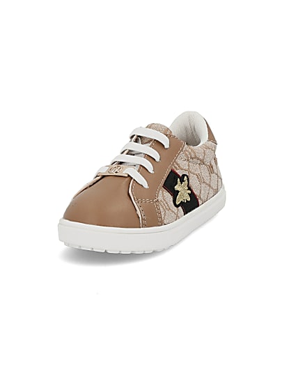360 degree animation of product Mini girls brown RI monogram bee trainers frame-2
