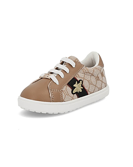 360 degree animation of product Mini girls brown RI monogram bee trainers frame-3