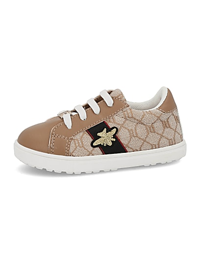 360 degree animation of product Mini girls brown RI monogram bee trainers frame-5