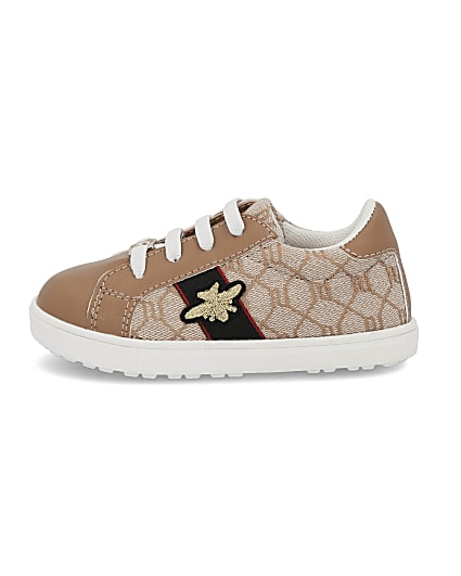 360 degree animation of product Mini girls brown RI monogram bee trainers frame-6
