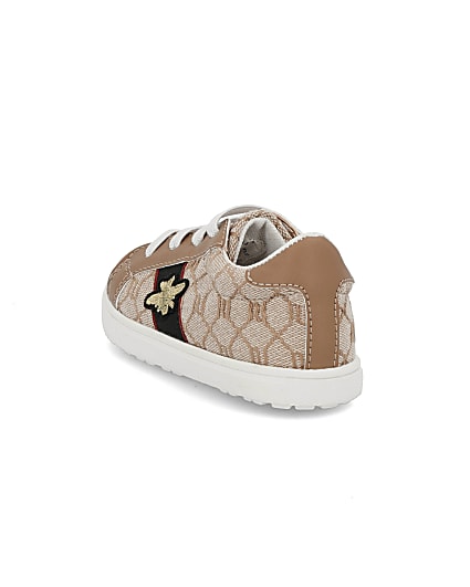 360 degree animation of product Mini girls brown RI monogram bee trainers frame-10