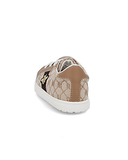 360 degree animation of product Mini girls brown RI monogram bee trainers frame-11