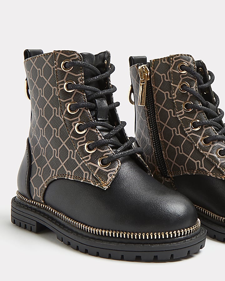 Mini girls brown RI monogram lace up boots