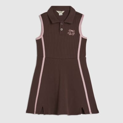 Mini Girls Brown Ribbed Polo Dress