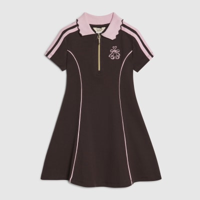 Mini Girls Brown Ribbed Zipped Polo Dress