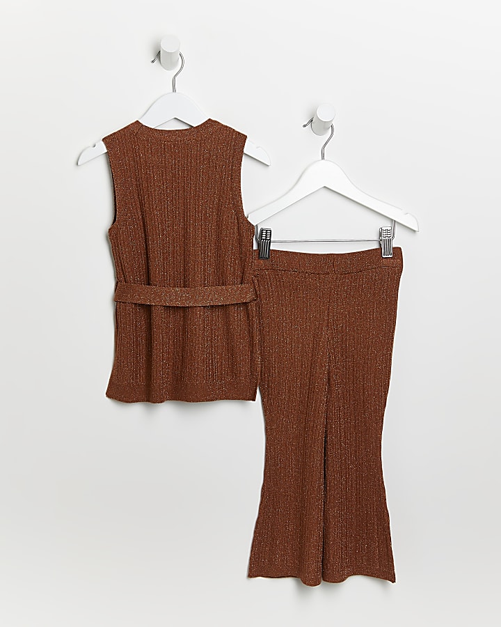 Mini girls brown shimmer top and flares set