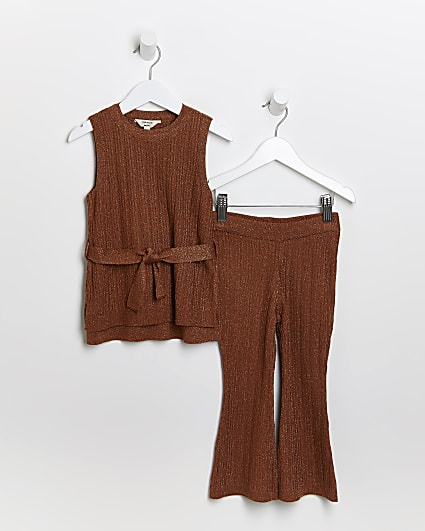 Mini girls brown shimmer top and flares set