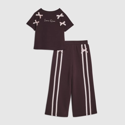 Mini Girls Burgundy Bow Wide Leg Joggers Set