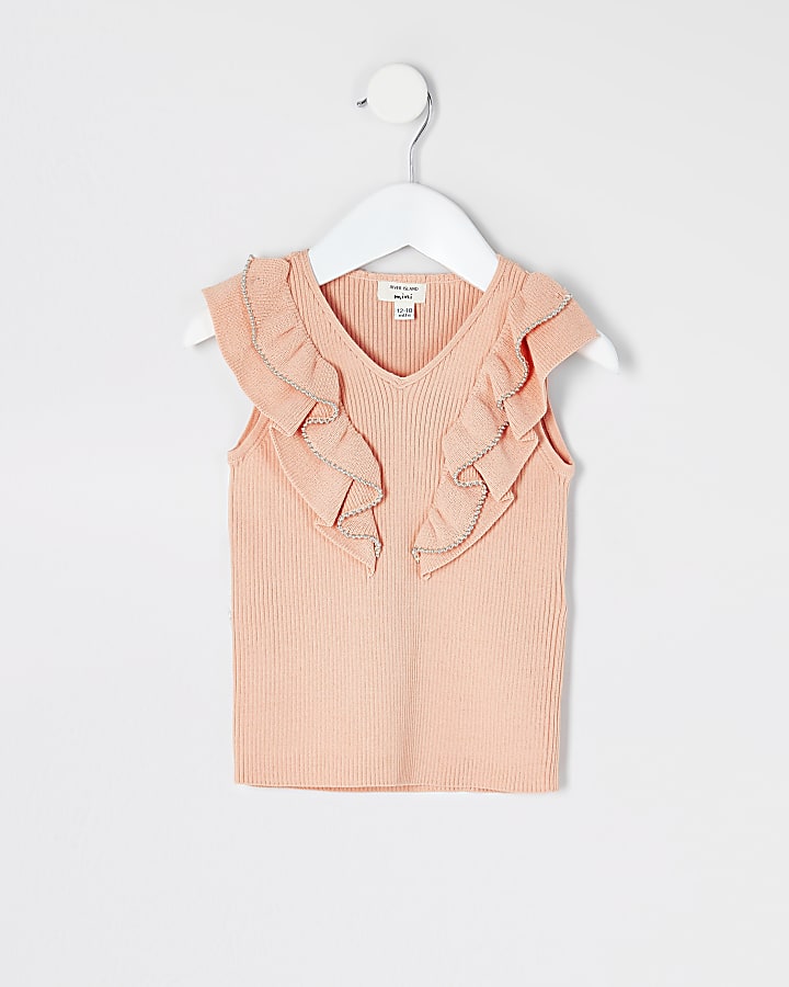 Mini girls coral bead trim frill knitted top