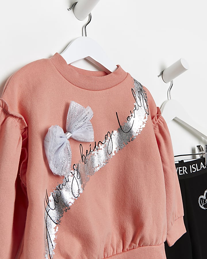 Mini girls coral bow print sweatshirt outfit