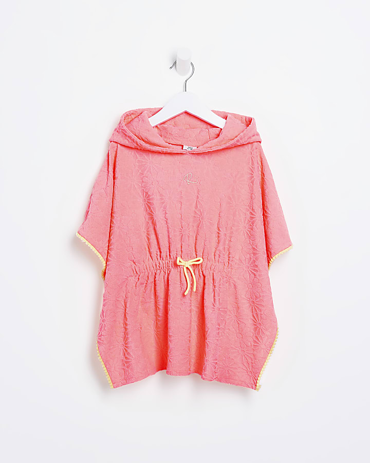 Mini girls coral floral embossed beach poncho