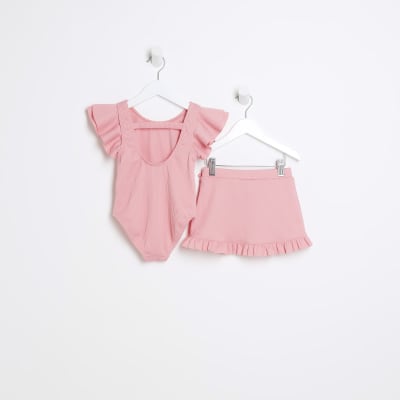 Mini girls coral Frill Ribbed swimsuit Set