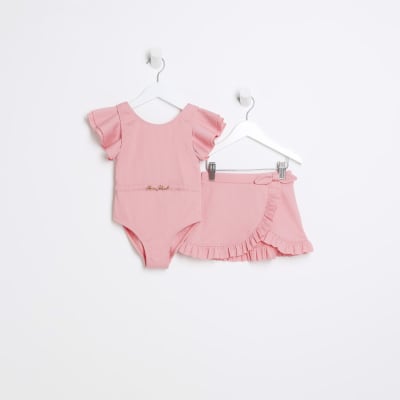 Mini girls coral Frill Ribbed swimsuit Set | River Island