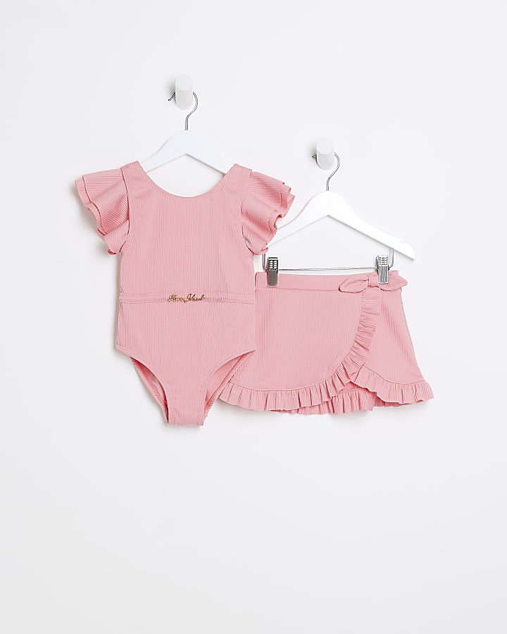 Mini girls coral Frill Ribbed swimsuit Set