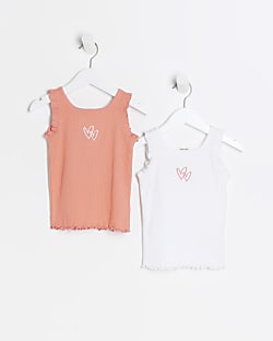 Mini girls coral ribbed frill vests 2 pack