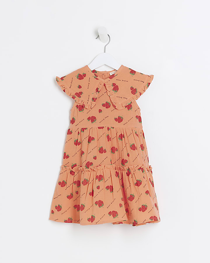 Mini girls coral strawberry tiered dress