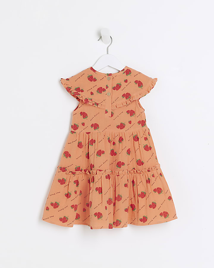 Mini girls coral strawberry tiered dress