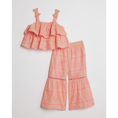 Mini Girls Coral Tiered Broderie Top Set