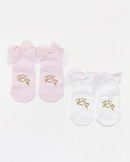 Mini girls cream & pink bow socks 2 pack