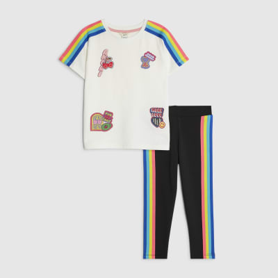 Mini Girls Cream Badged Stripe T-Shirt Set