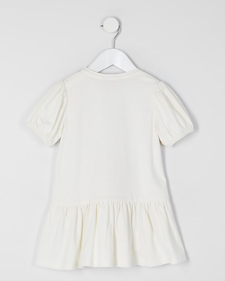 Mini girls cream bag printed T-shirt dress