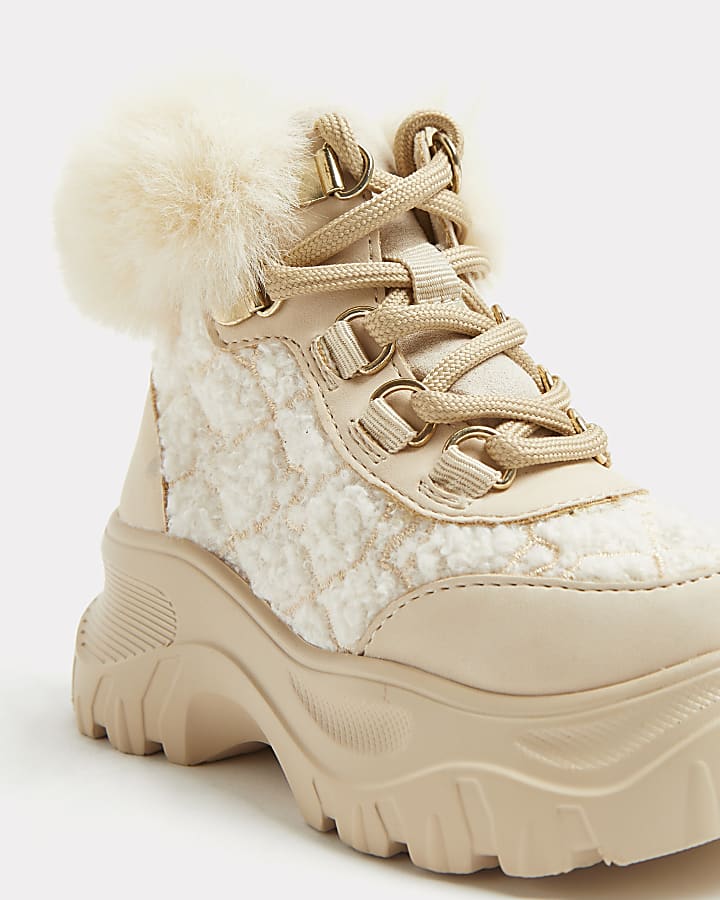 Mini girls cream borg faux fur hiker boots