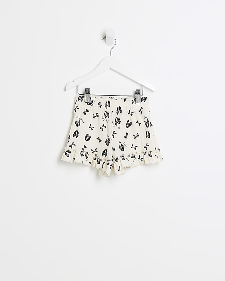 Mini girls cream bow print frill shorts