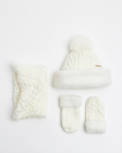 Mini girls cream cable knit hat 3 piece set