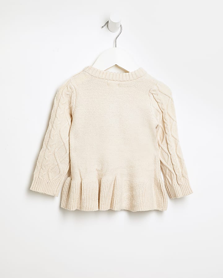 Mini girls cream cable knit peplum jumper