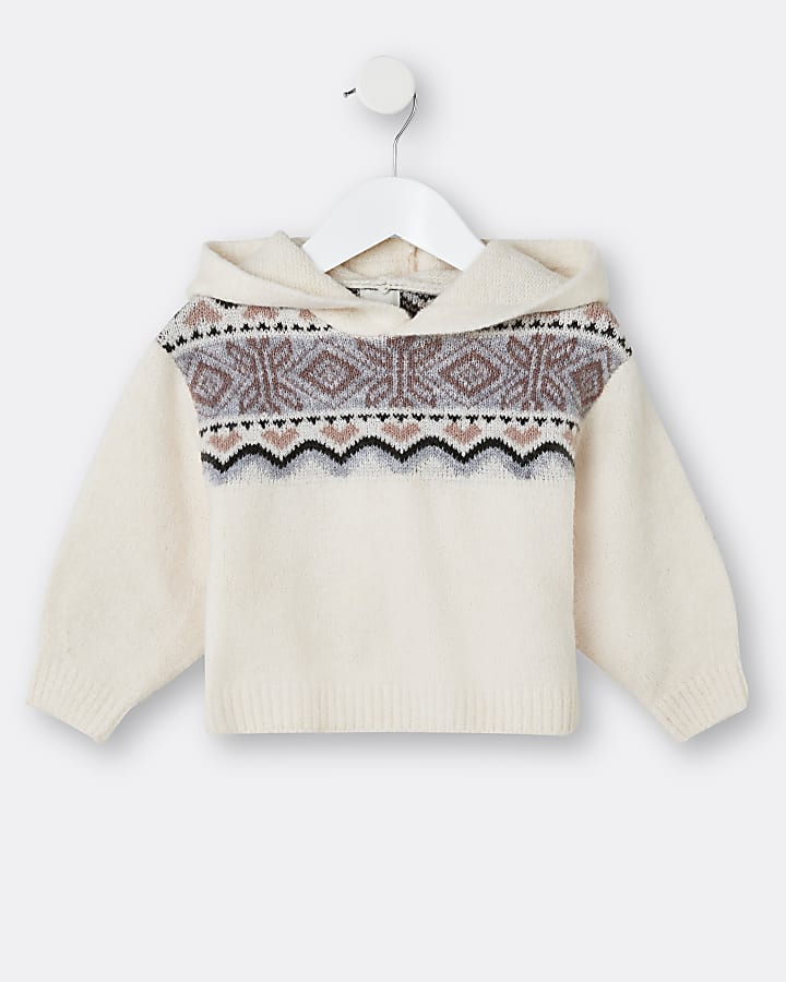 Mini girls cream chest design hooded jumper