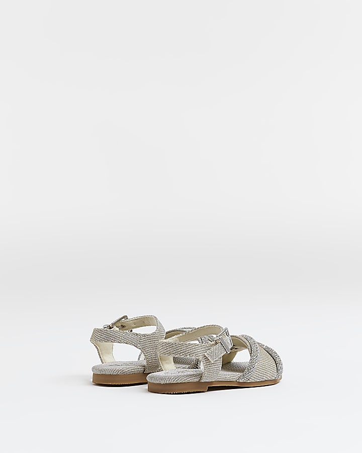 Mini girls cream diamante cross strap sandals