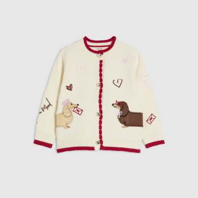 Mini Girls Cream Dog Embroidered Cardigan