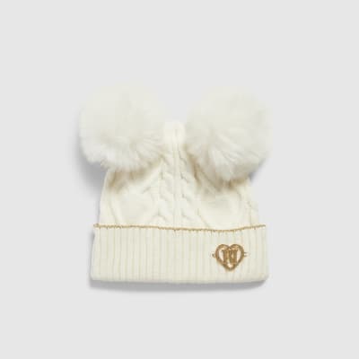 Mini Girls Cream Double Pom Beanie