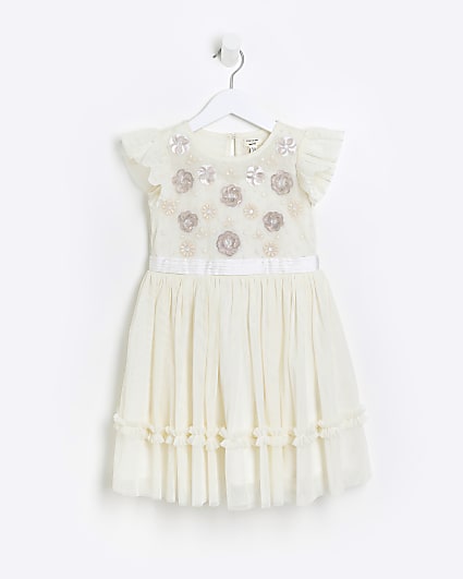 Mini girls Cream Embellished Dress