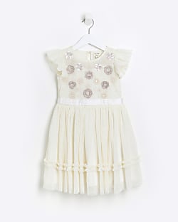 Mini girls Cream Embellished Dress