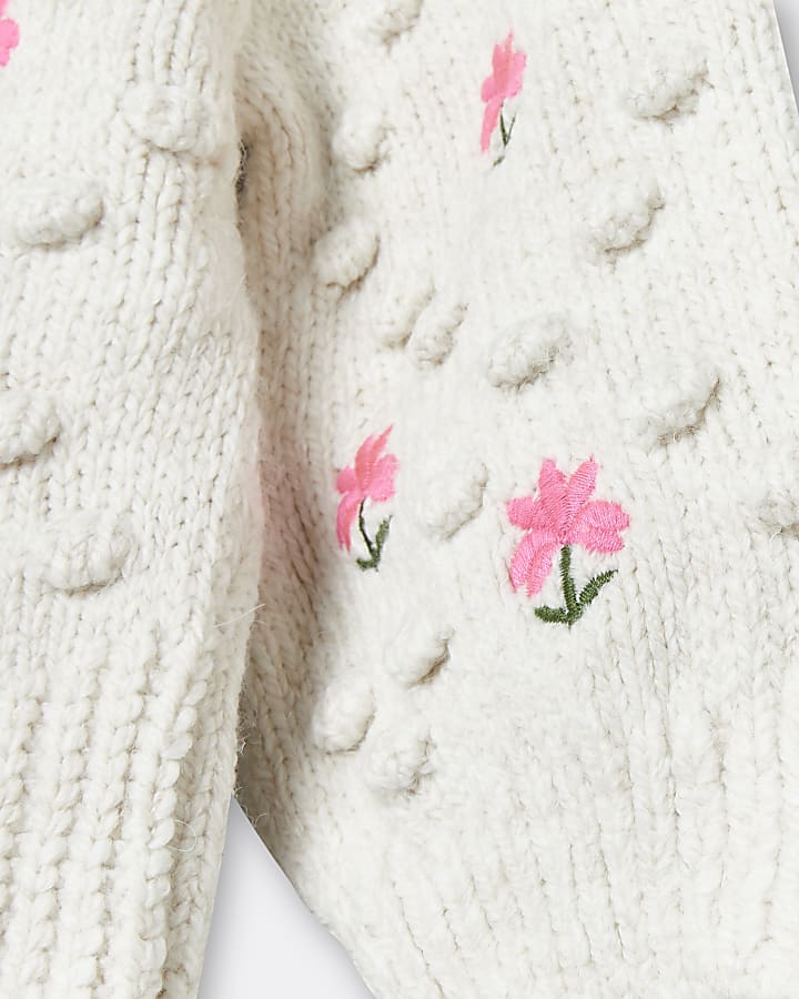 Mini girls cream embroidered knit jumper