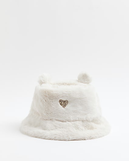 Mini Girls Cream Faux Fur Bucket Hat