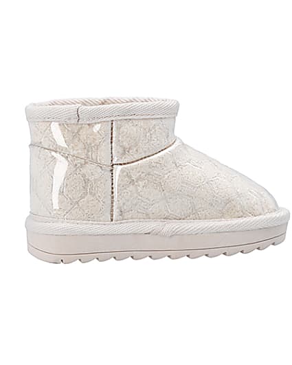 360 degree animation of product Mini Girls Cream Faux Fur Lined Ankle Boots frame-14