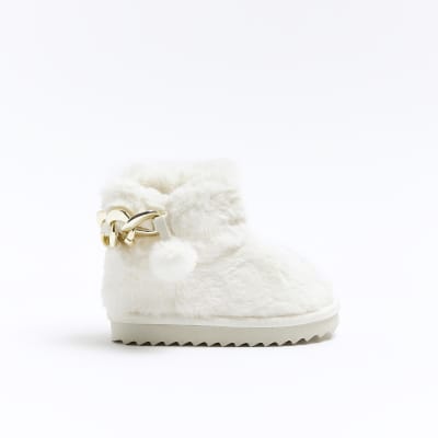 Mini girls cream faux fur slippers River Island