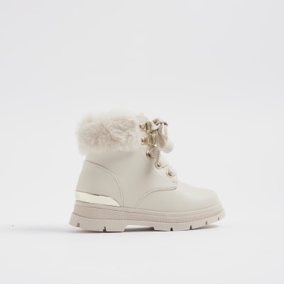 Mini Girls Cream Faux Fur Trim Lace Up Boots