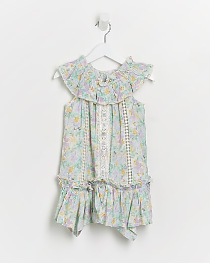 Mini girls cream floral bardot trapeze dress