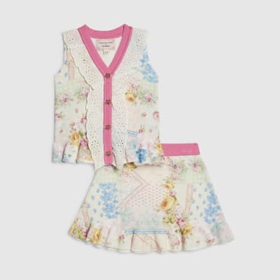 Mini Girls Cream Floral Skirt Set