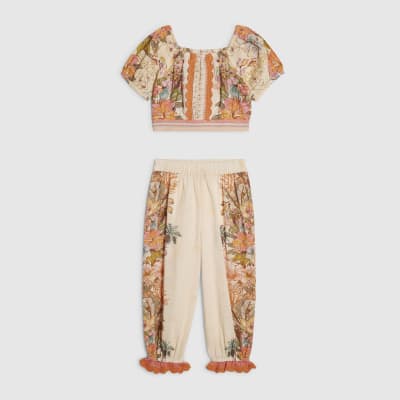Mini Girls Cream Floral Top & Trousers Set
