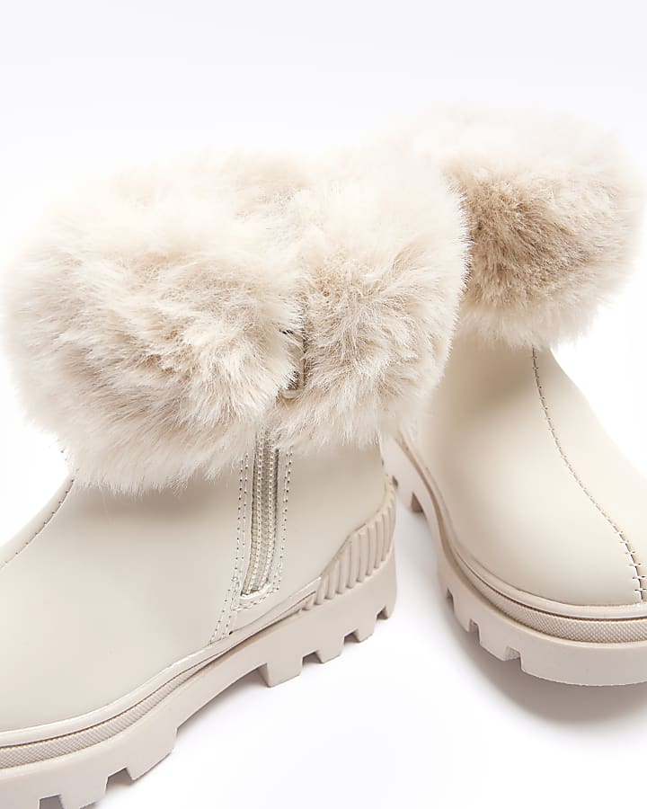 Mini girls cream fur cuff boots | River Island