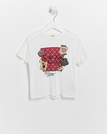 Mini girls cream graphic embellished t-shirt