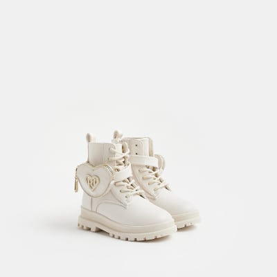 Mini Girls Cream heart pouch biker Boots