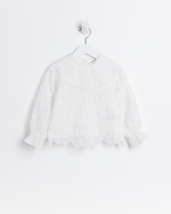 Mini girls cream high neck lace blouse
