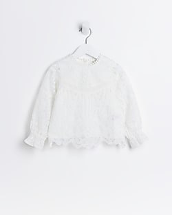 Mini girls cream high neck lace blouse