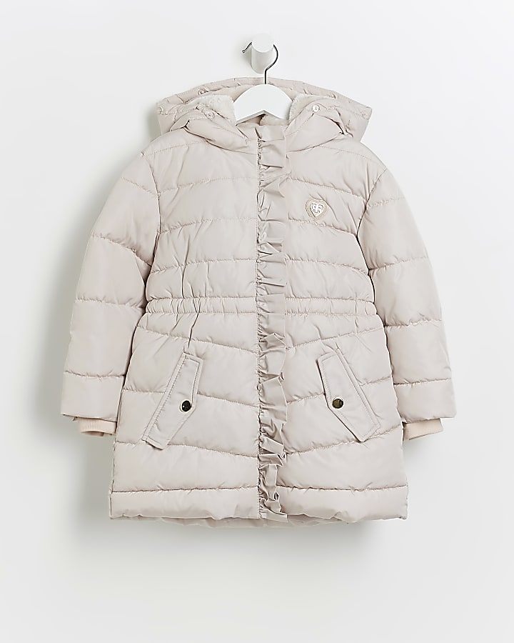 Mini girls cream hooded puffer coat