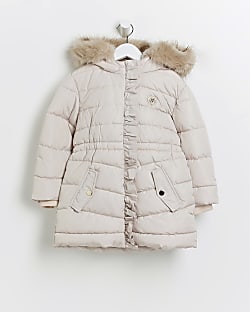 Mini girls cream hooded puffer coat